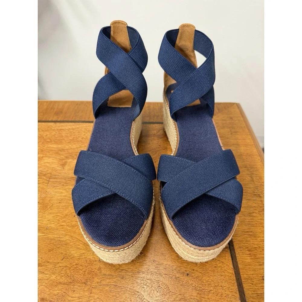 Tory Burch Women's Size 10.5 Navy 50mm Frieda Espadrille Wedge Sandals Stretch